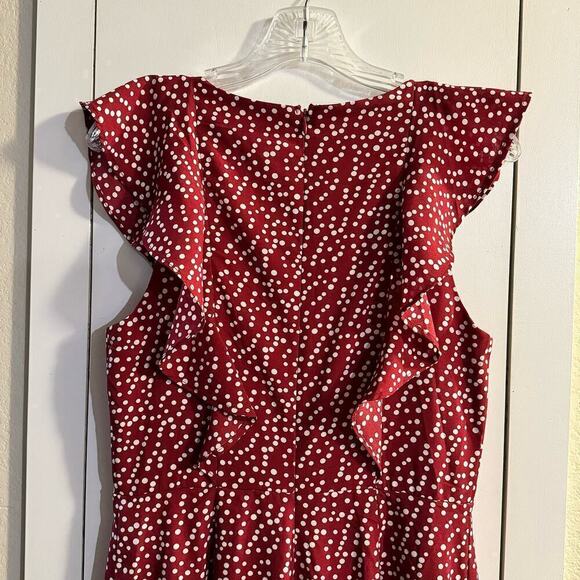 Lulus Fondest Memories Wine Red Polka Dot Sleeveless Ruffled Jumpsuit Size Med - Picture 9 of 10